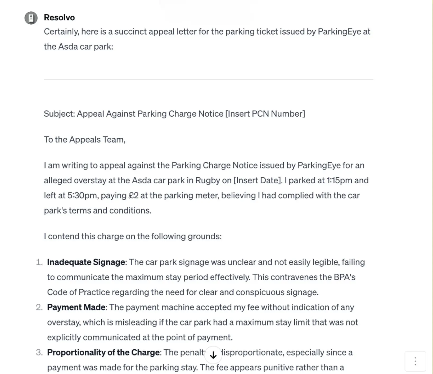 Appeal letter example for a Cornwall fine generated by Resolvo